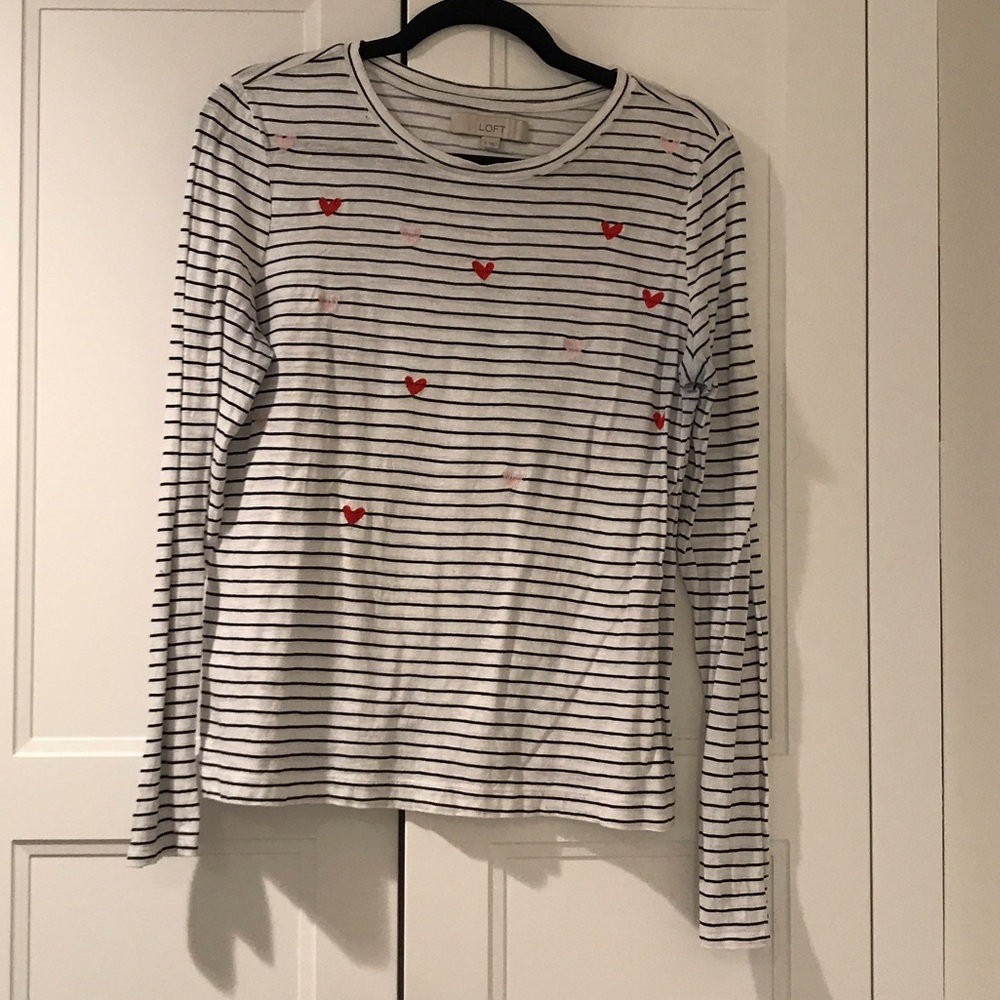 LOFT White Striped Long-Sleeve Tee with Red Heart Accents